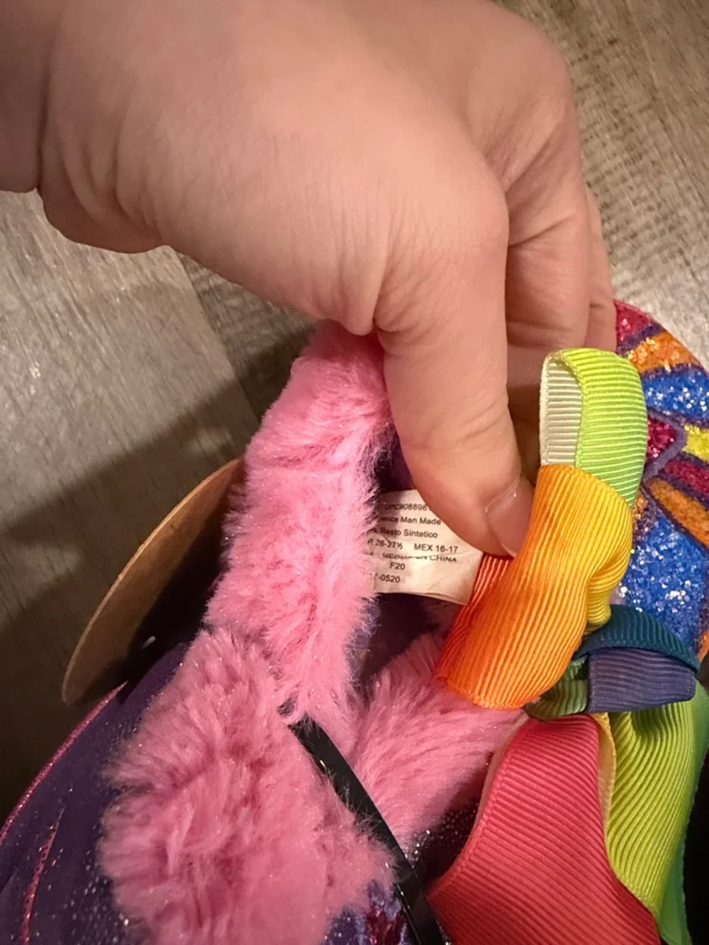 Lightly worn Kids Rainbow Glitter Slippers with Pom & Bowsize 9-10